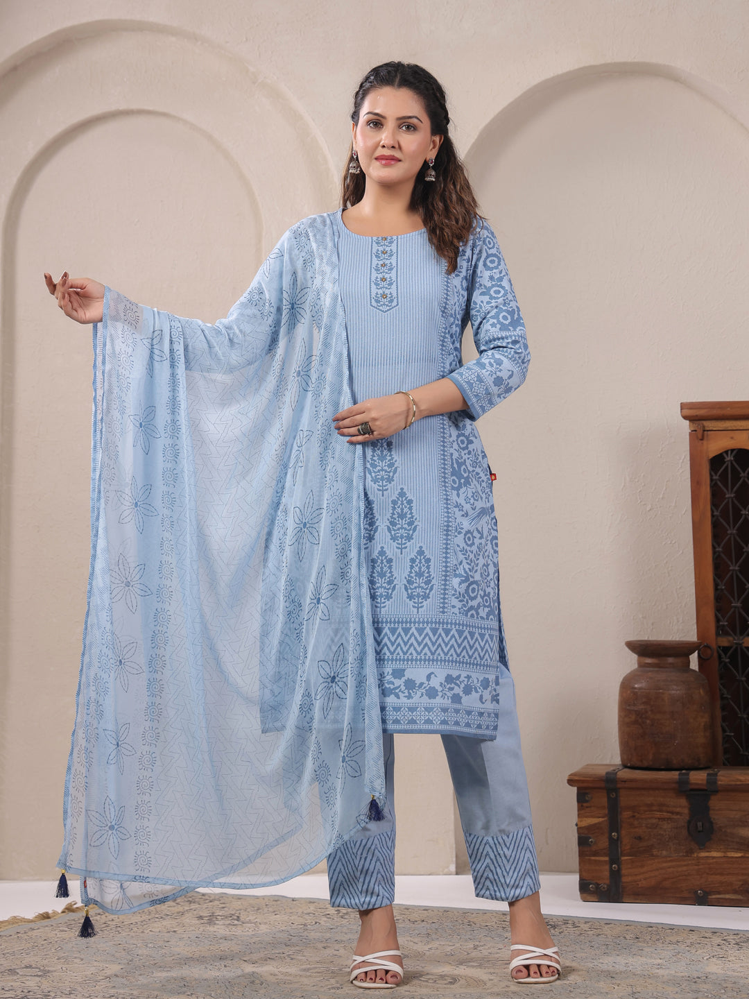 Span Blue Round Neck Cotton Kurta Set with Dupatta