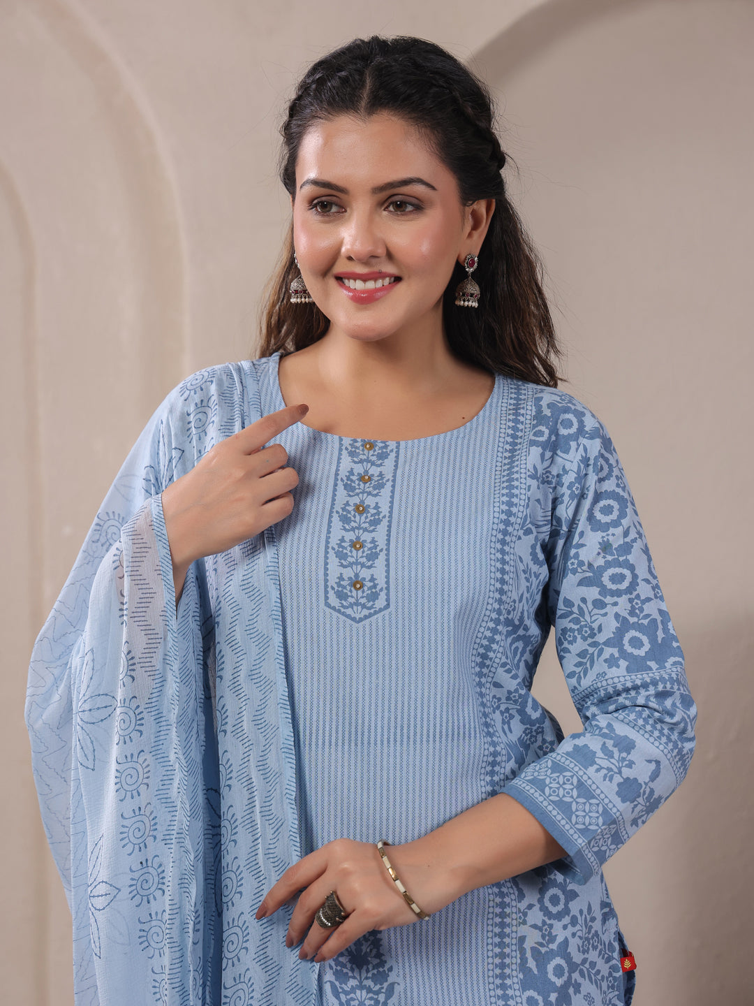 Span Blue Round Neck Cotton Kurta Set with Dupatta