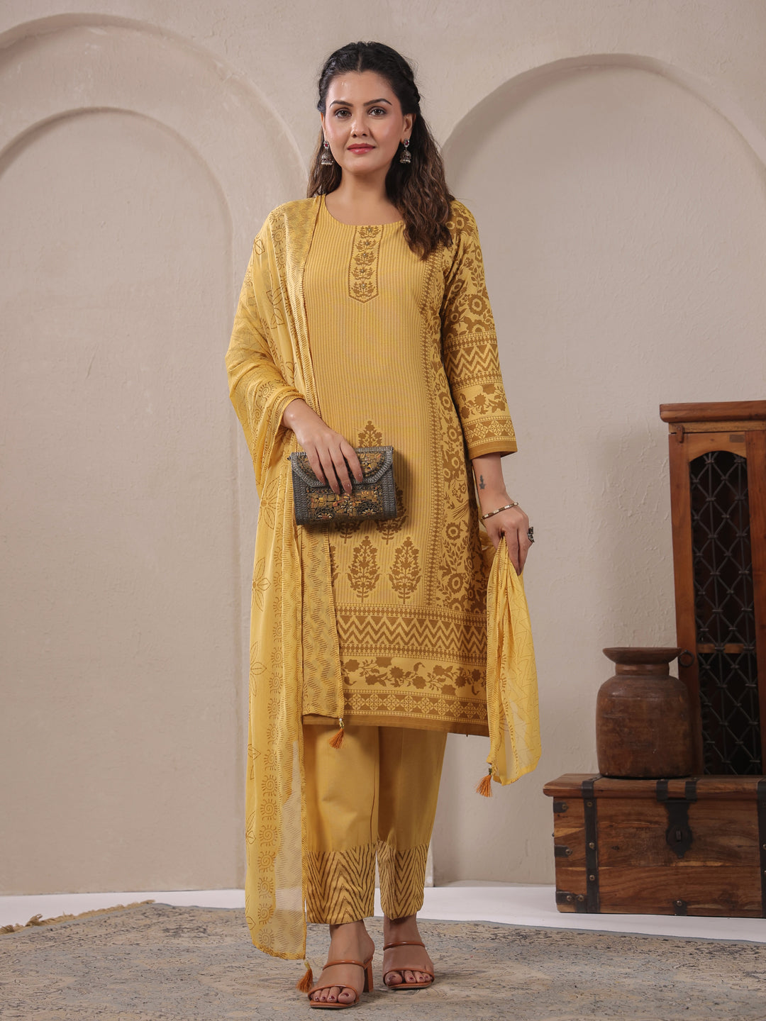 Span Yellow Round Neck Cotton Kurta Set with Dupatta