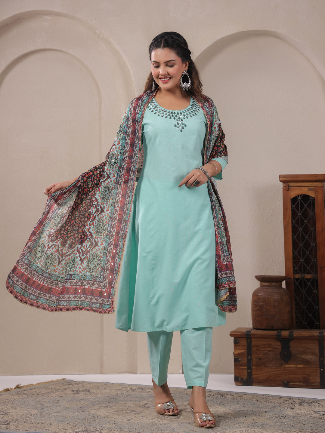 Span Green Round Neck Cotton Kurta Set with Dupatta
