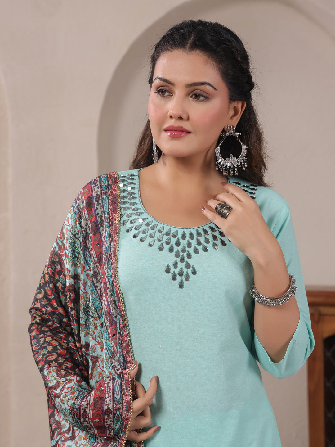 Span Green Round Neck Cotton Kurta Set with Dupatta