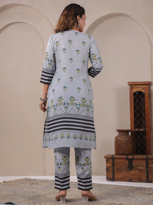 Span Grey Round Neck Cotton Kurta Set with Dupatta