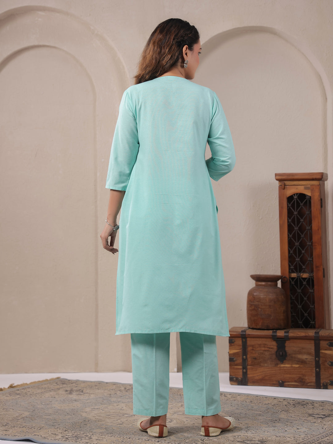 Span Green V Neck Cotton Co-Ord Set(Set of 2)