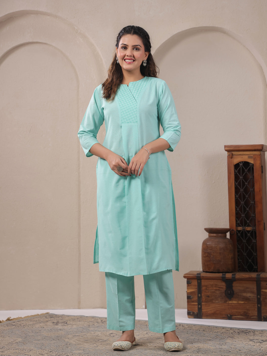 Span Green V Neck Cotton Co-Ord Set(Set of 2)