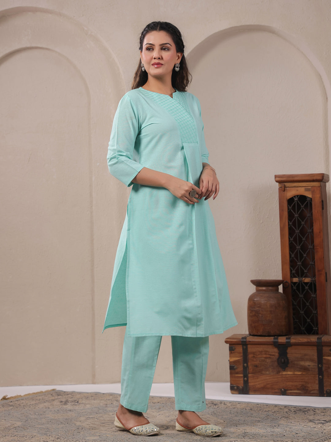 Span Green V Neck Cotton Co-Ord Set(Set of 2)