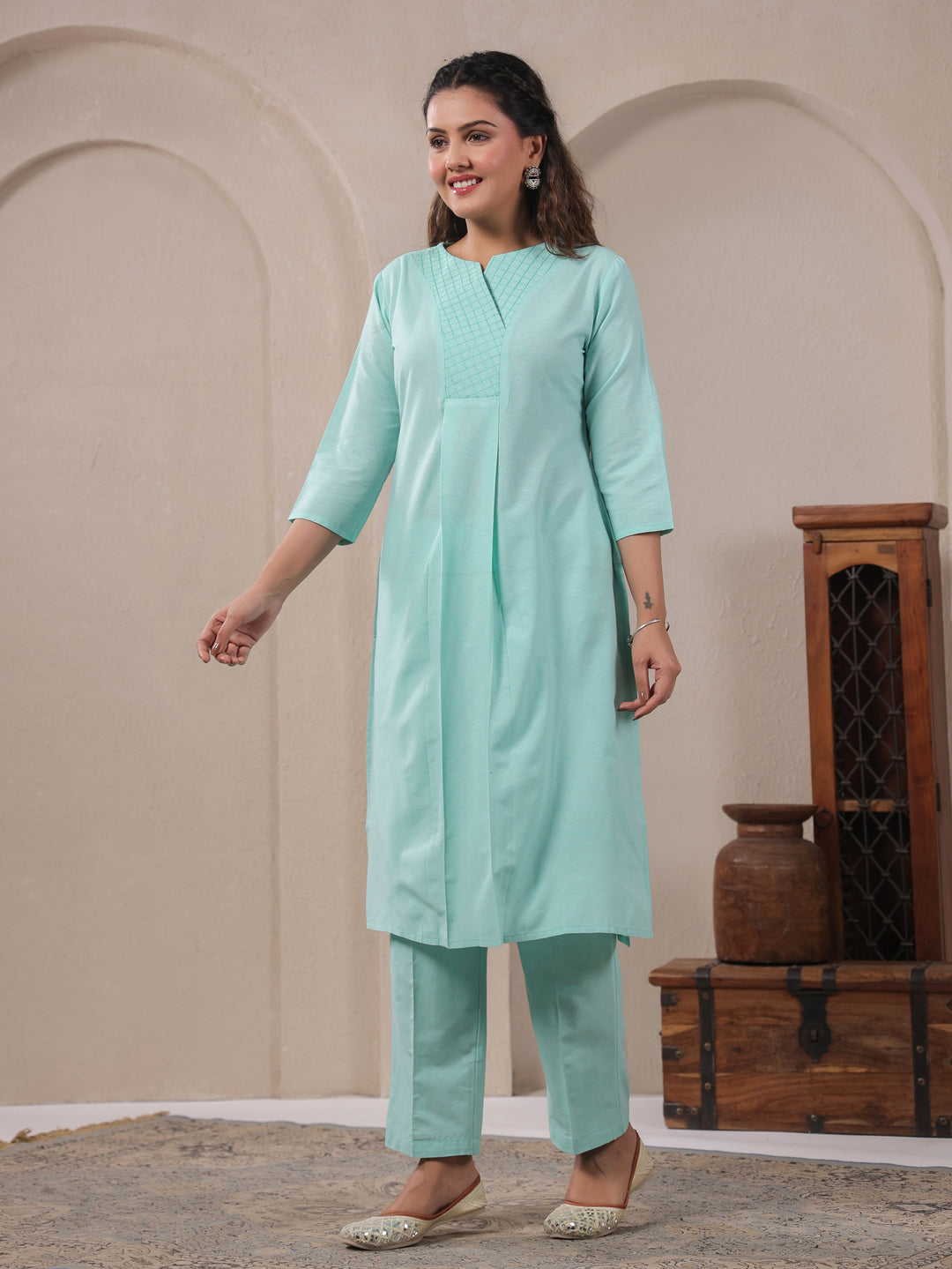 Span Green V Neck Cotton Co-Ord Set(Set of 2)