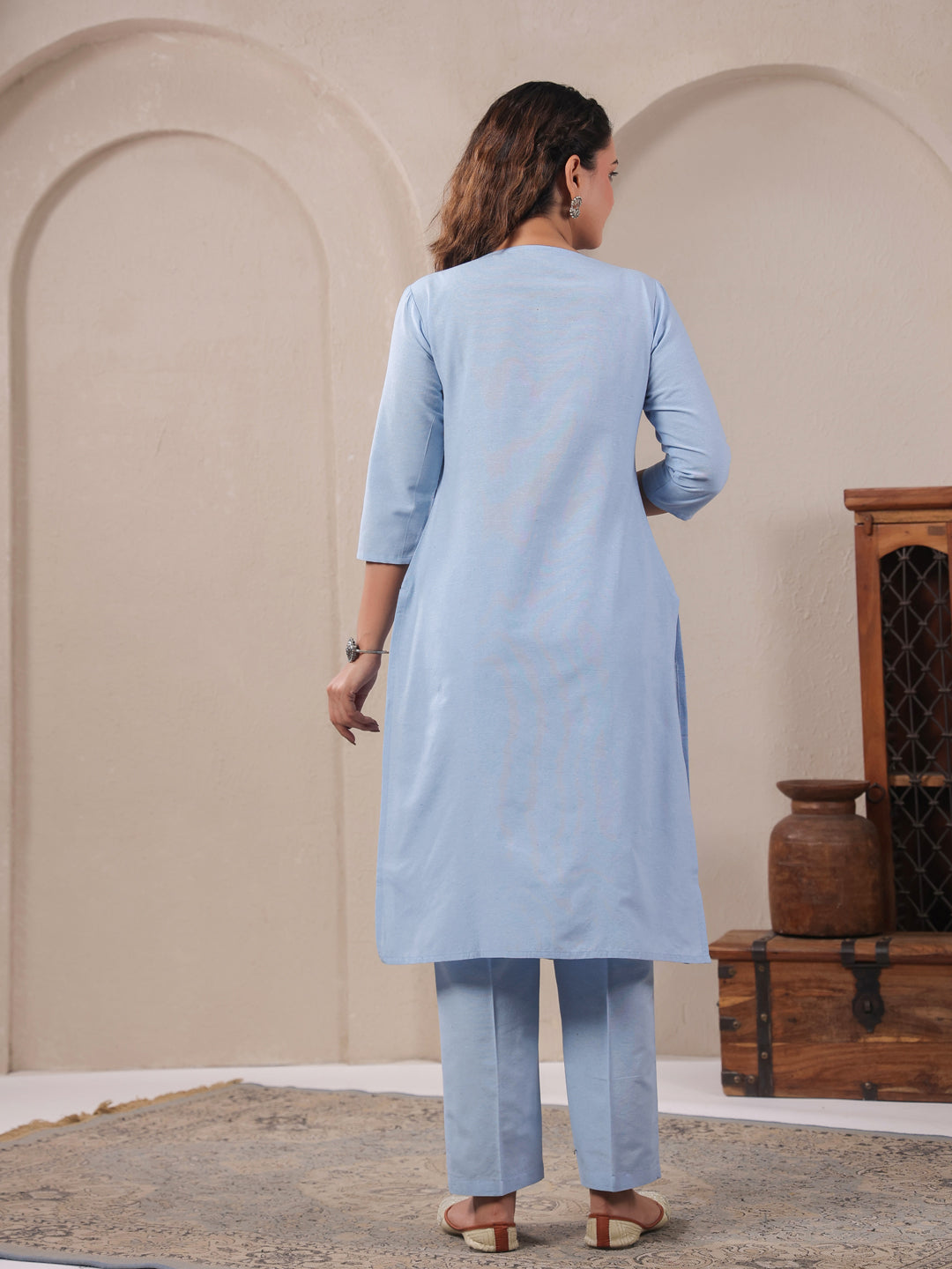 Span Blue V Neck Cotton Co-Ord Set(Set of 2)