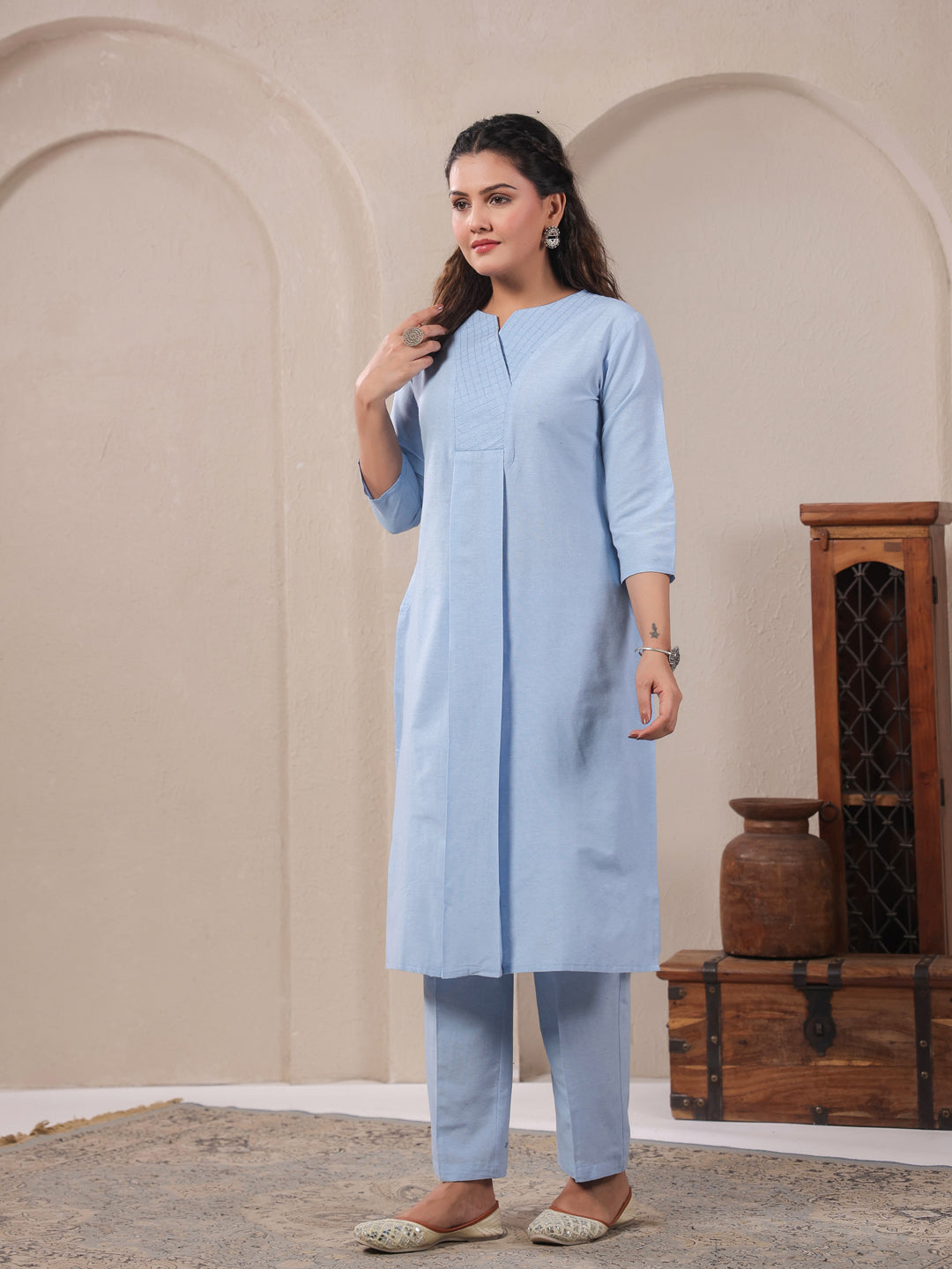 Span Blue V Neck Cotton Co-Ord Set(Set of 2)