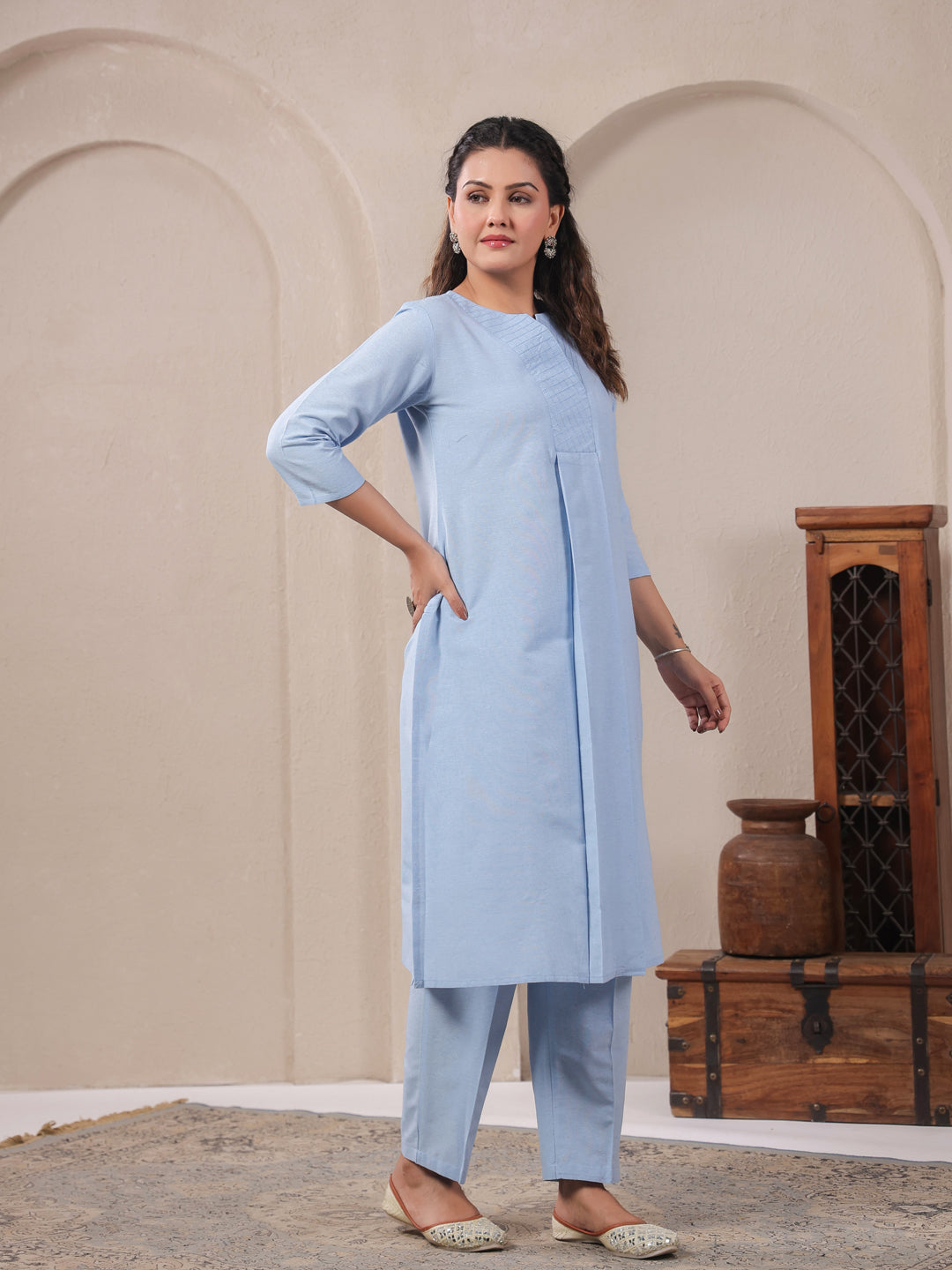Span Blue V Neck Cotton Co-Ord Set(Set of 2)