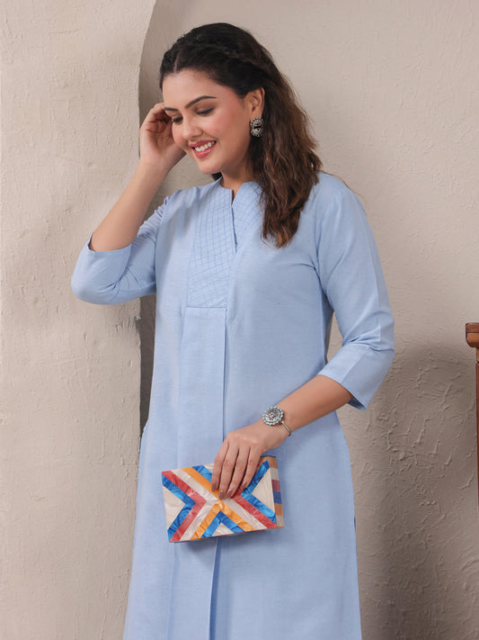 Span Blue V Neck Cotton Co-Ord Set(Set of 2)