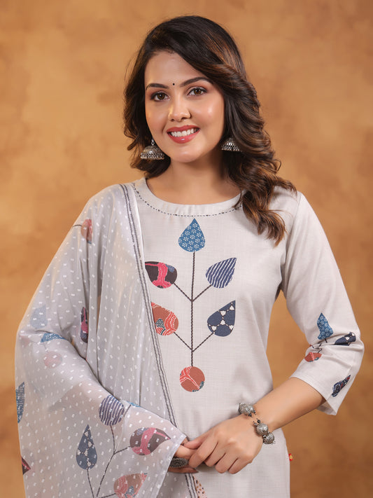 Span Grey Round Neck Cotton Kurta Set with Dupatta