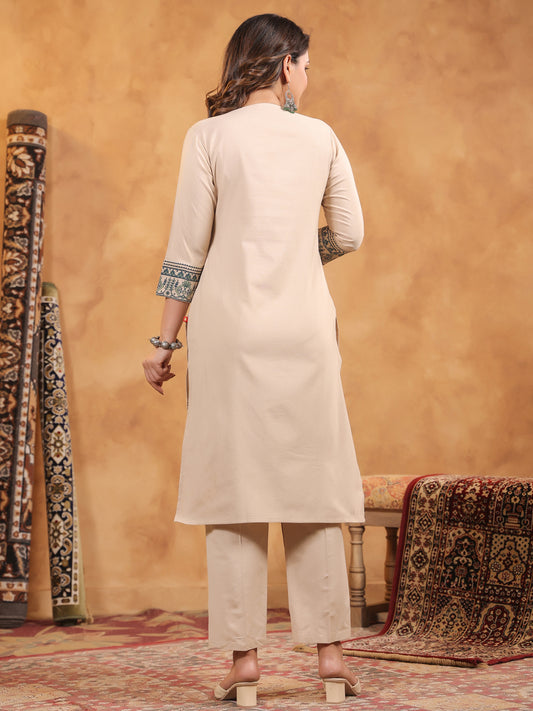 Span Beige Round Neck Kurta Set with Dupatta