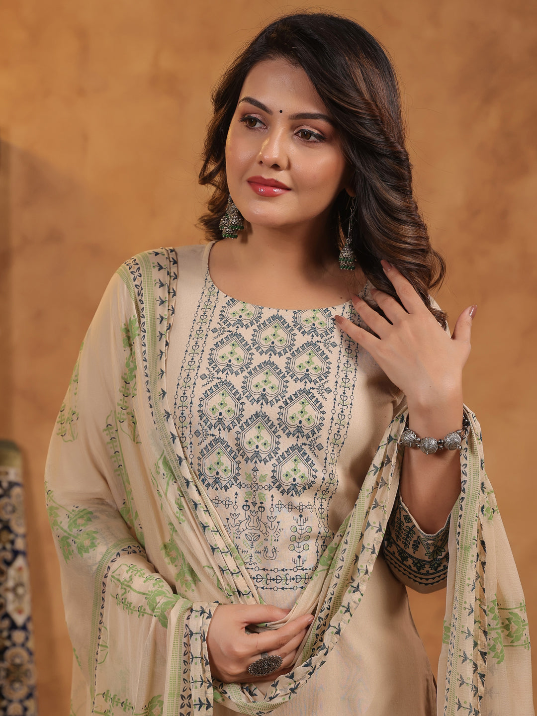 Span Beige Round Neck Kurta Set with Dupatta