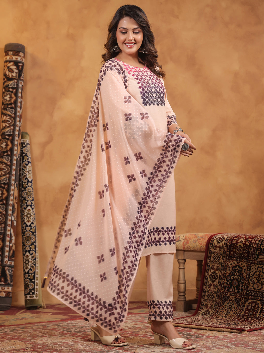 Span Pink Round Neck Cotton Kurta Set with Dupatta