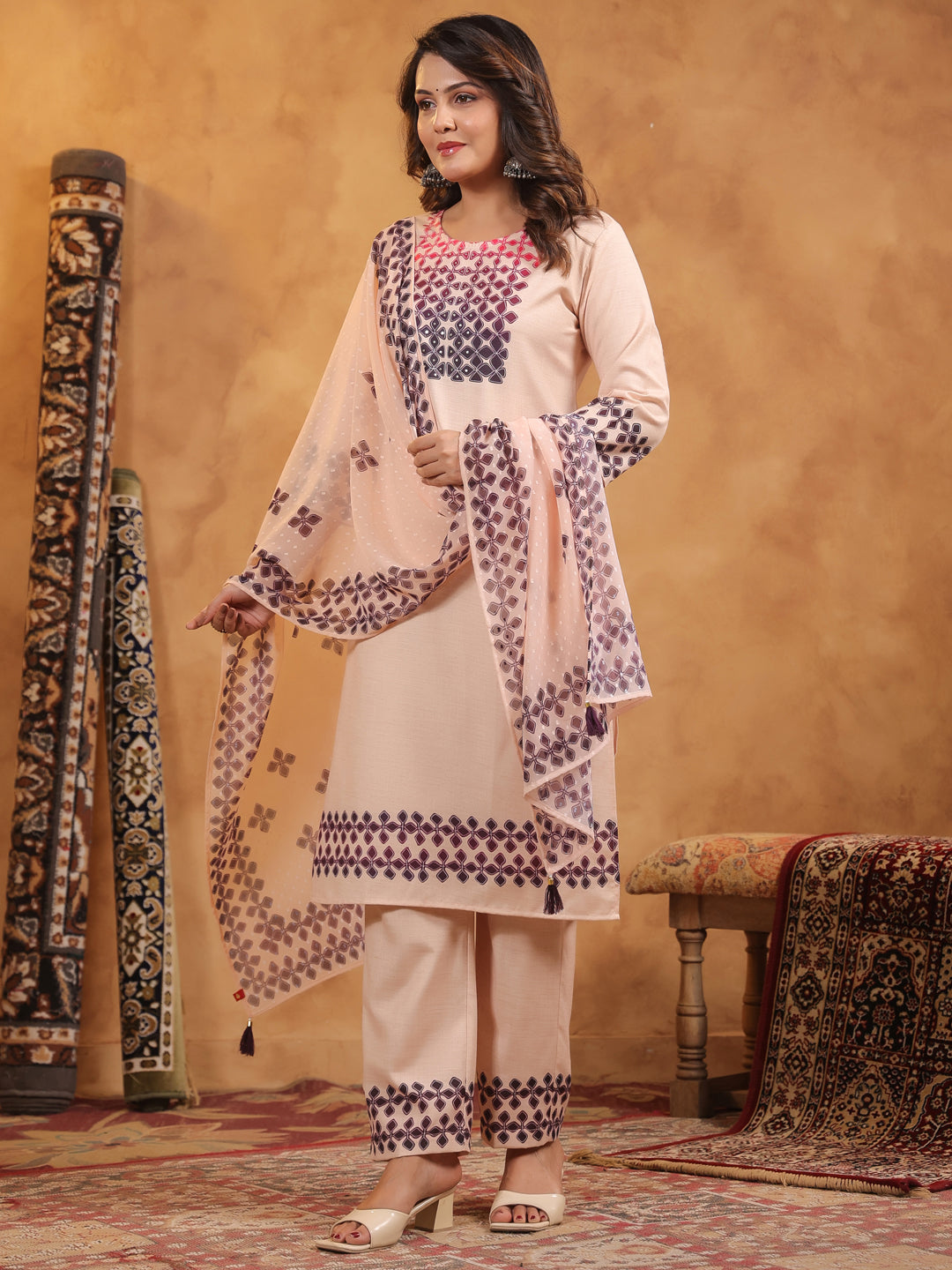 Span Pink Round Neck Cotton Kurta Set with Dupatta