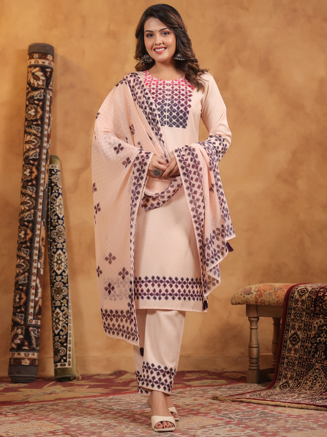 Span Pink Round Neck Cotton Kurta Set with Dupatta