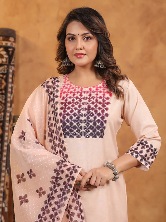 Span Pink Round Neck Cotton Kurta Set with Dupatta