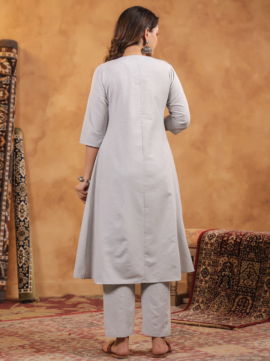 Span Grey Round Neck Cotton Kurta Set with Dupatta