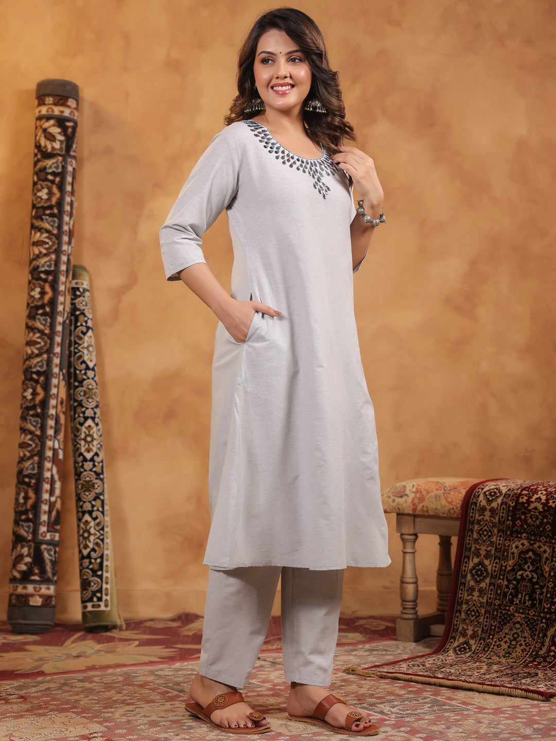 Span Grey Round Neck Cotton Kurta Set with Dupatta