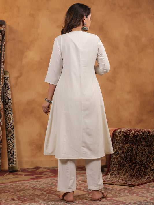 Span Off White Round Neck Cotton Kurta Set with Dupatta