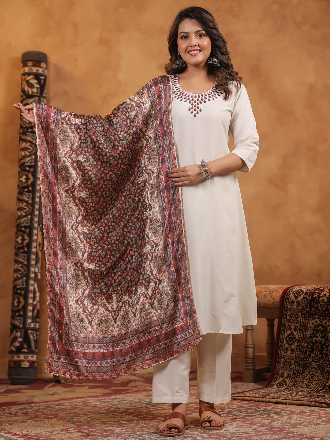 Span Off White Round Neck Cotton Kurta Set with Dupatta