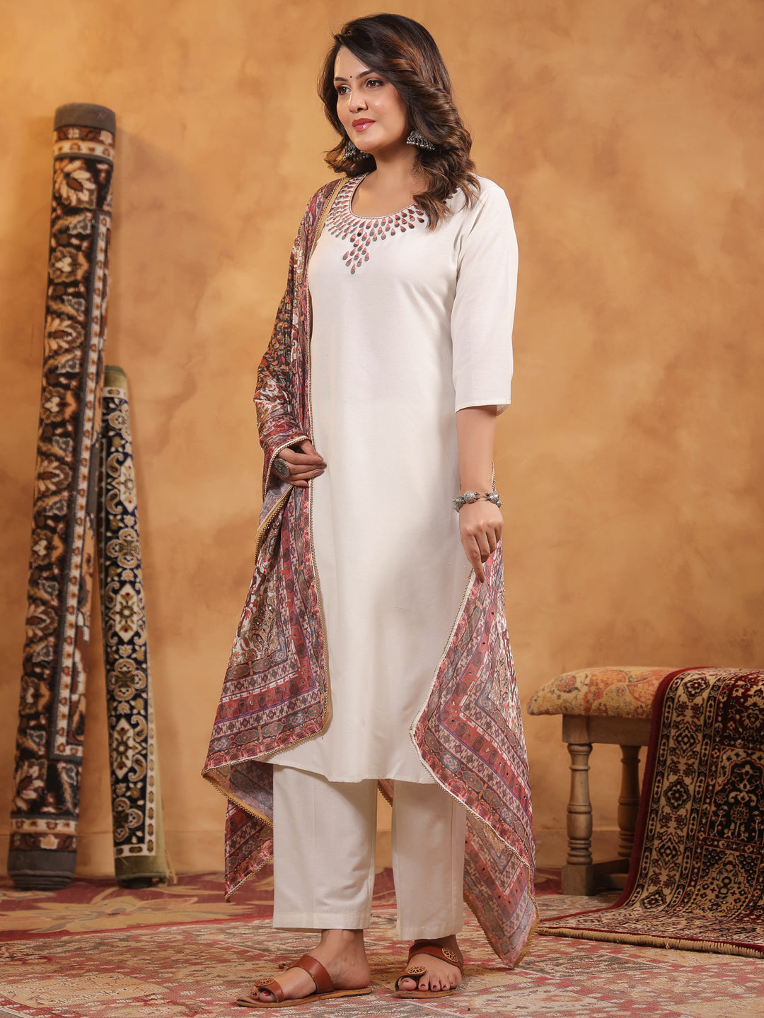 Span Off White Round Neck Cotton Kurta Set with Dupatta