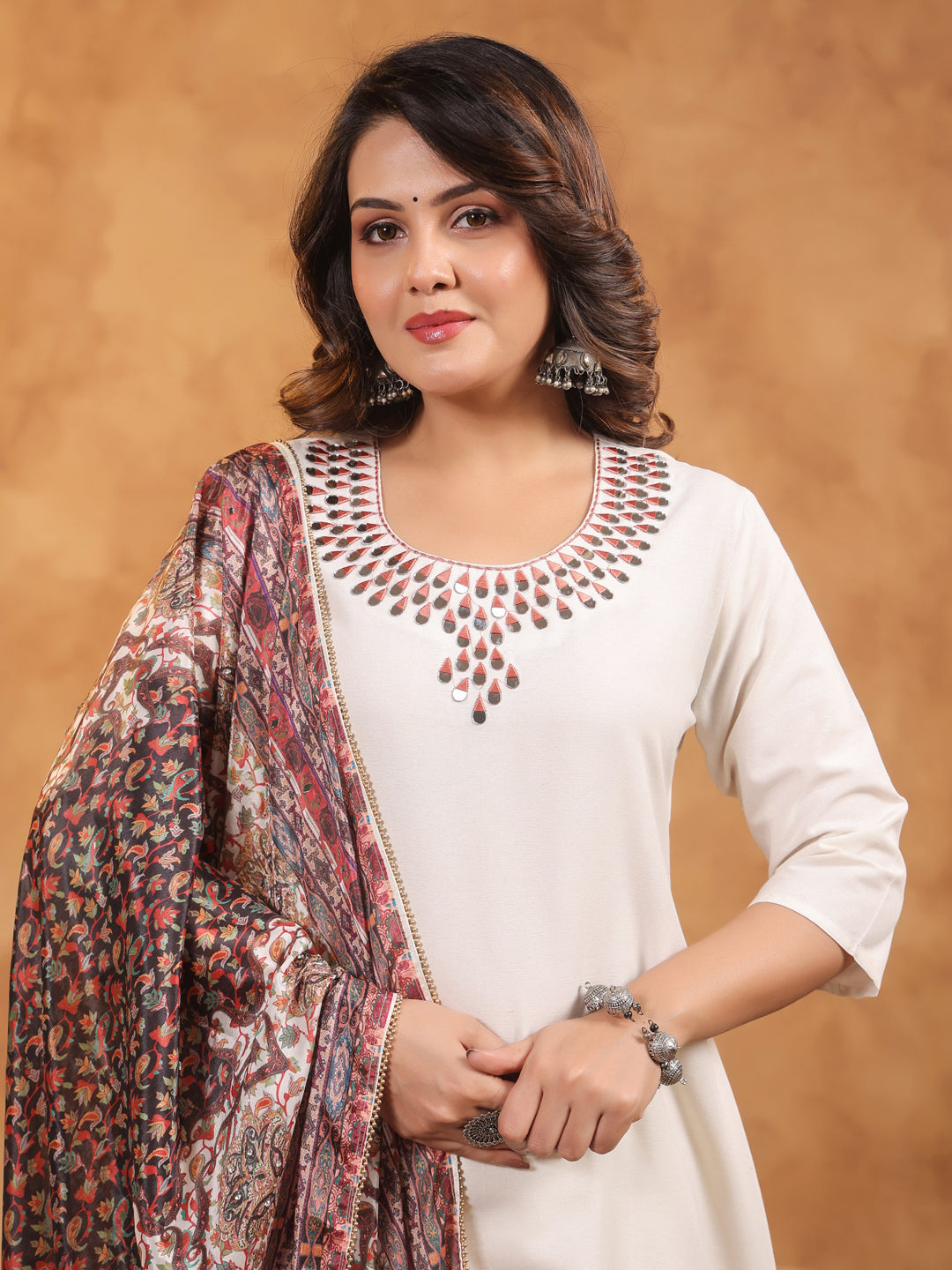 Span Off White Round Neck Cotton Kurta Set with Dupatta