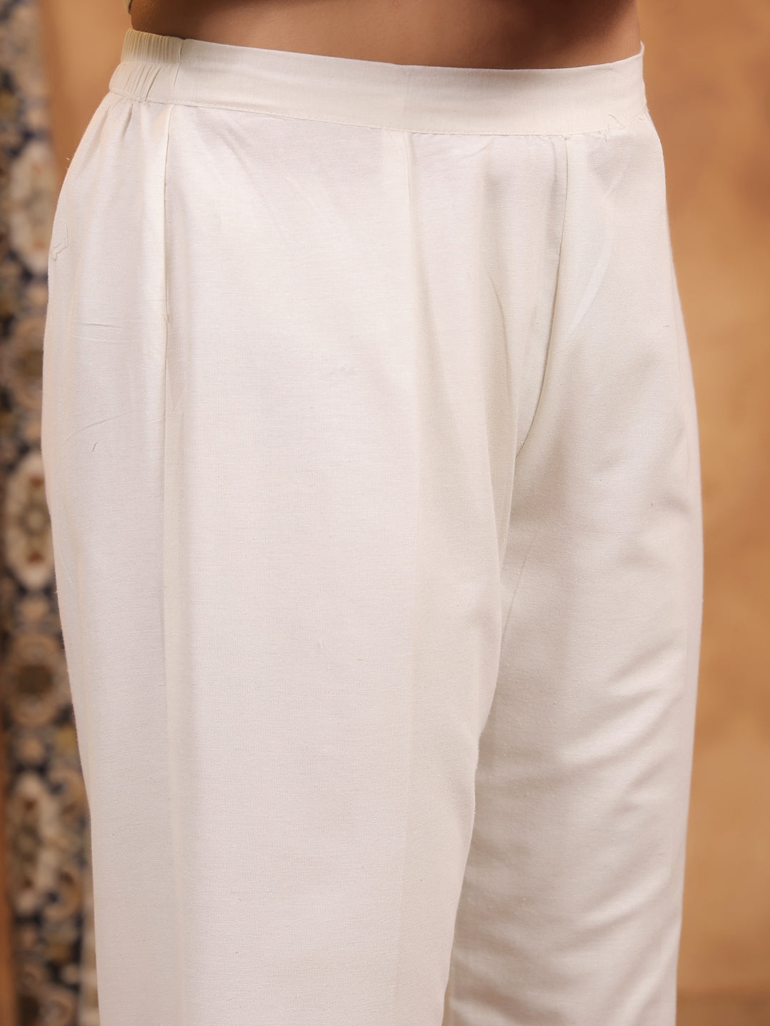 Span Off White Round Neck Cotton Kurta Set with Dupatta