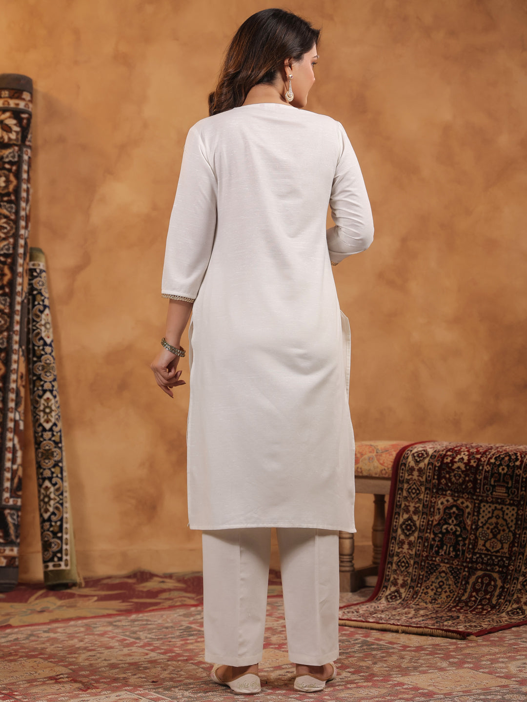 Span Off White Round V Neck Cotton Kurta Set with Dupatta