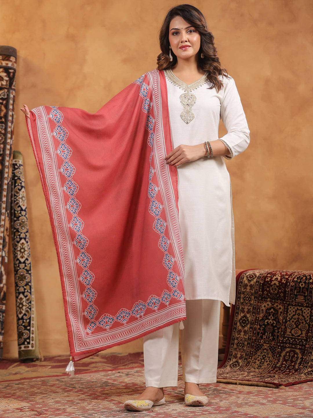 Span Off White Round V Neck Cotton Kurta Set with Dupatta