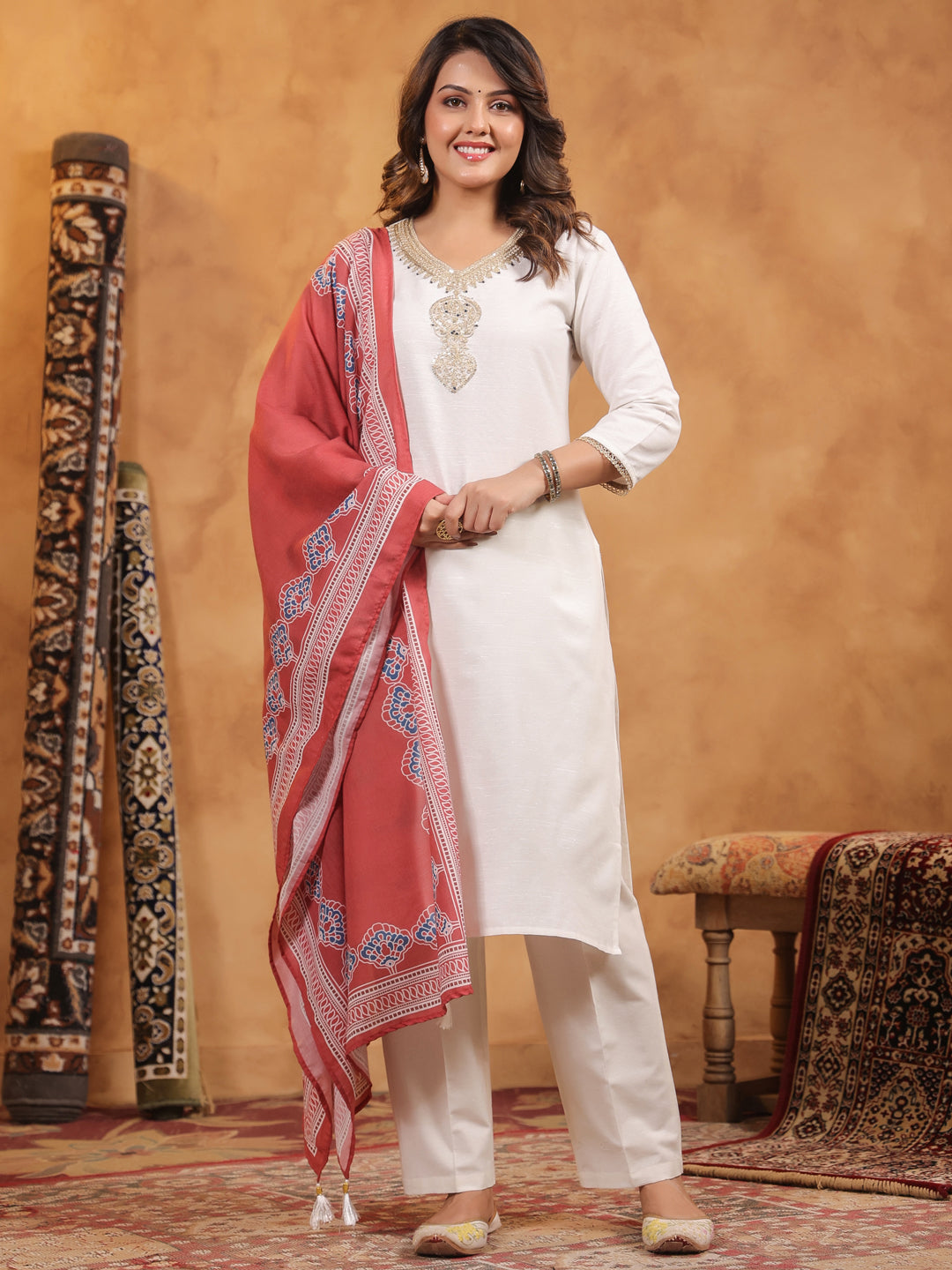 Span Off White Round V Neck Cotton Kurta Set with Dupatta