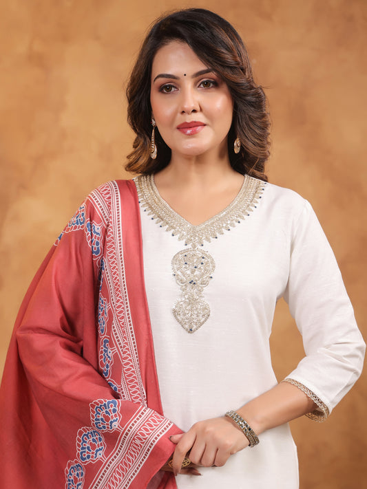 Span Off White Round V Neck Cotton Kurta Set with Dupatta