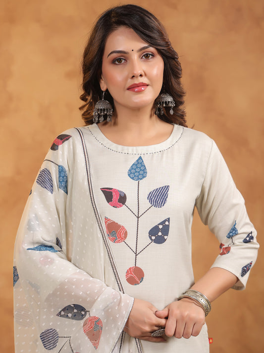Span Ivory Round Neck Cotton Kurta Set with Dupatta