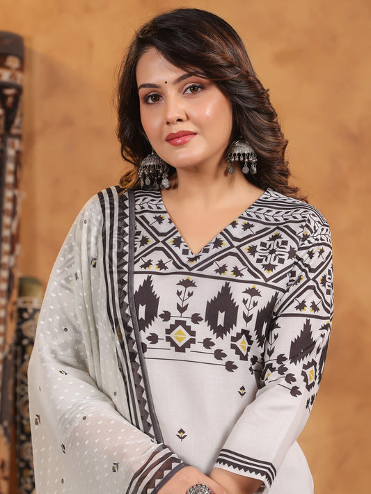 Span Grey V Neck Cotton Kurta Set with Dupatta