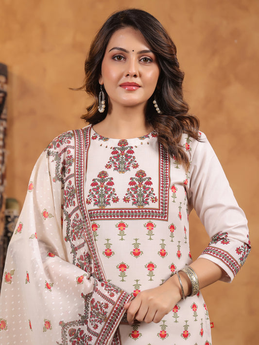 Span Ivory Round Neck Cotton Kurta Set with Dupatta