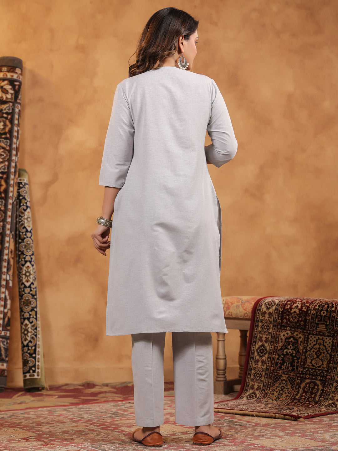 Span Grey V Neck Cotton Co-Ord Set(Set of 2)