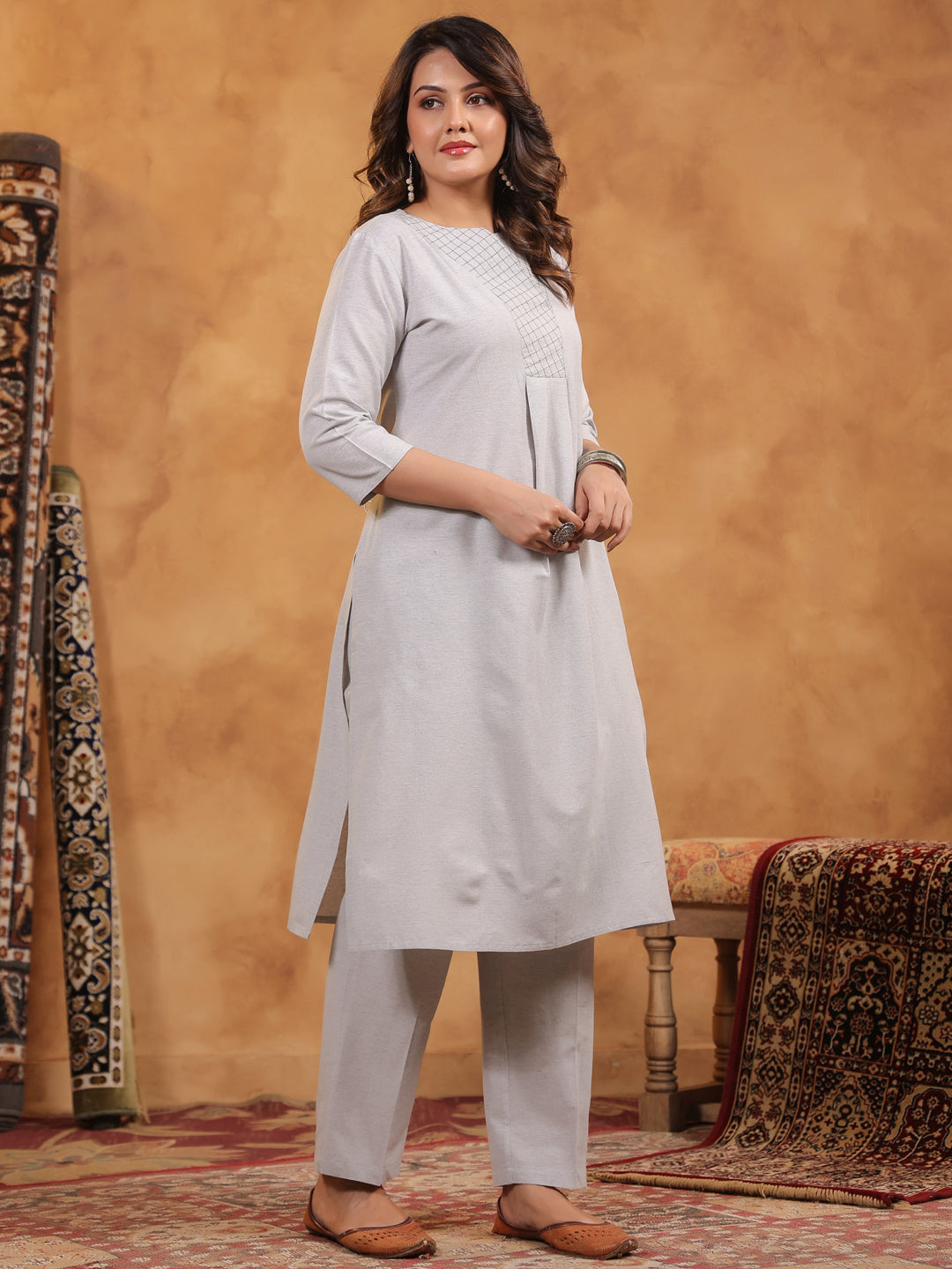 Span Grey V Neck Cotton Co-Ord Set(Set of 2)