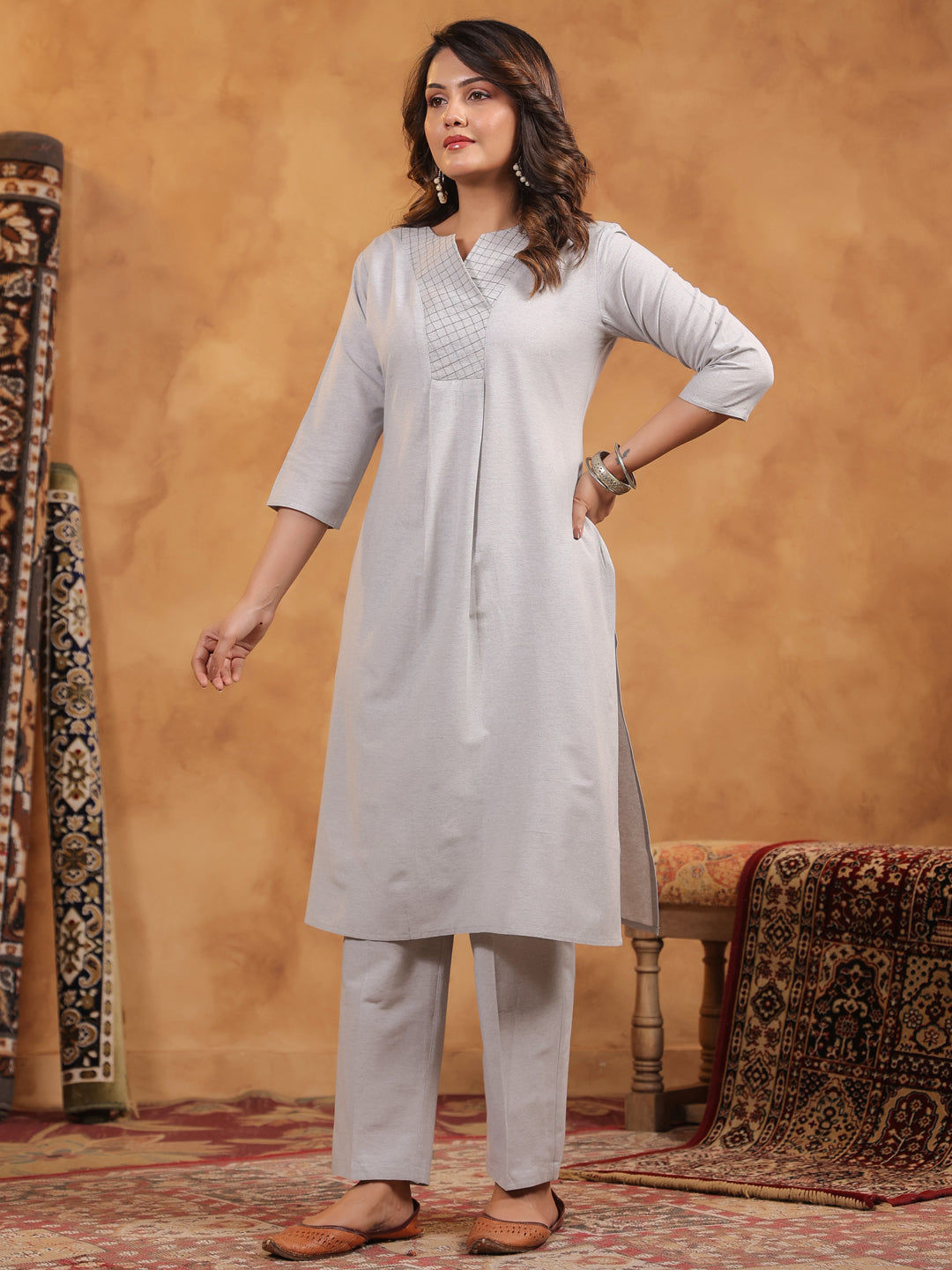 Span Grey V Neck Cotton Co-Ord Set(Set of 2)