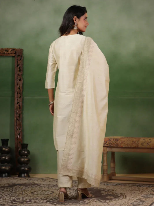 Span Ivory Round Neck Silk Kurta