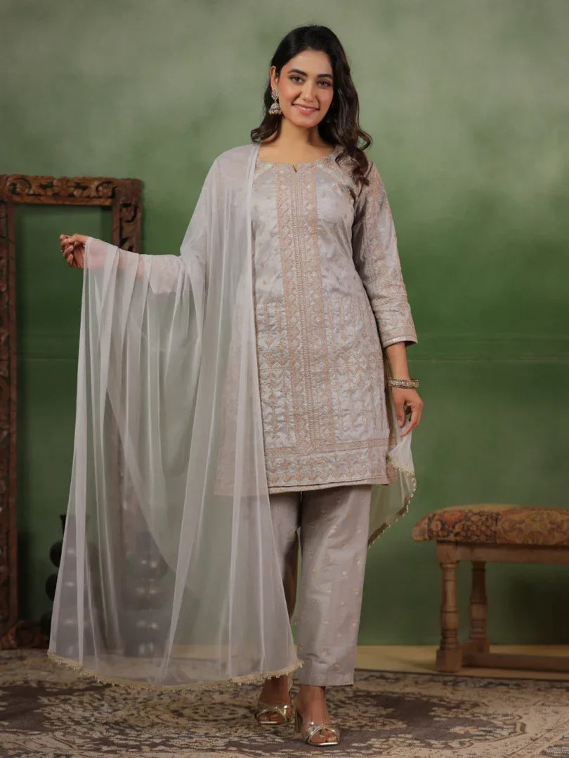 Span Grey Silk Kurta Set with Dupatta