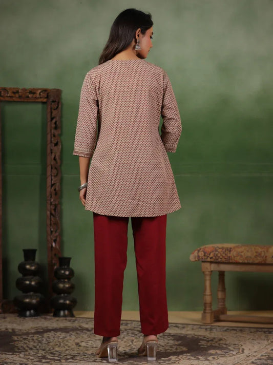 Span Beige V-Neck Rayon Short Kurta