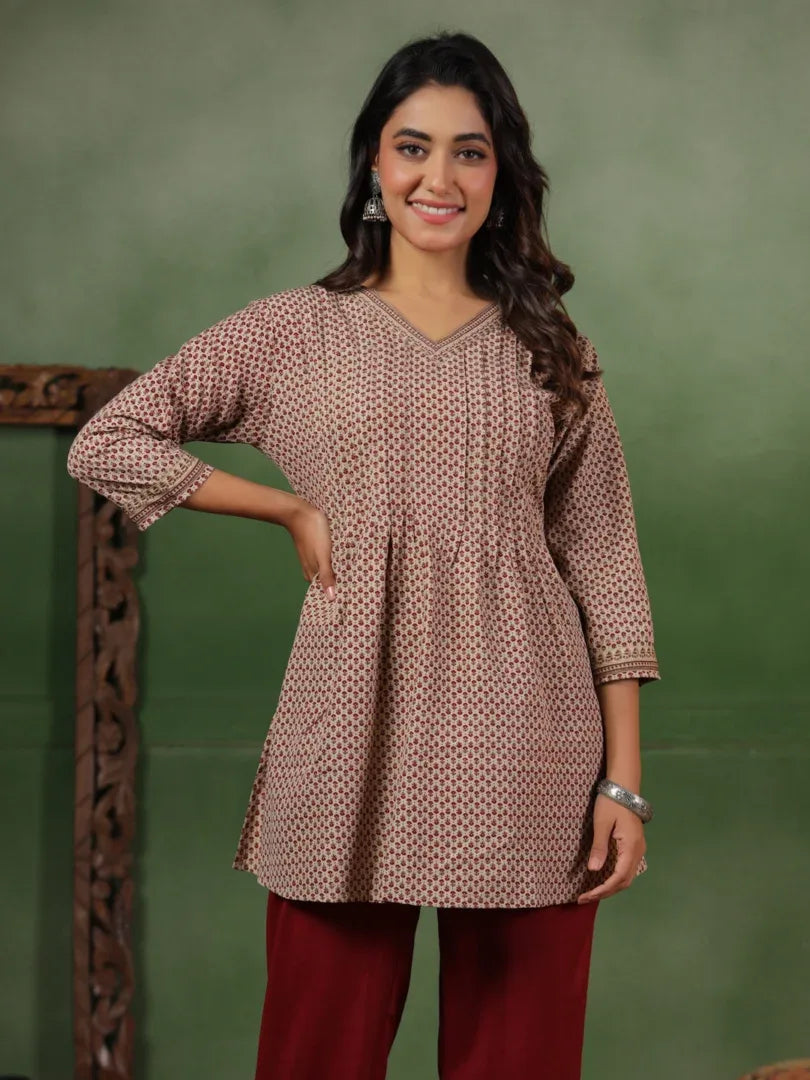 Span Beige V-Neck Rayon Short Kurta