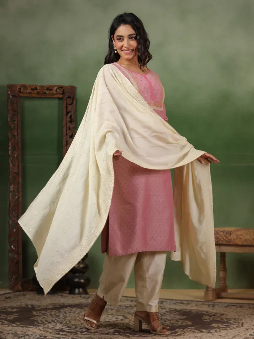Span Pink Silk Kurta Set with Dupatta