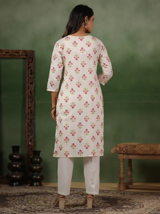 Span White Round Neck Casual Kurta