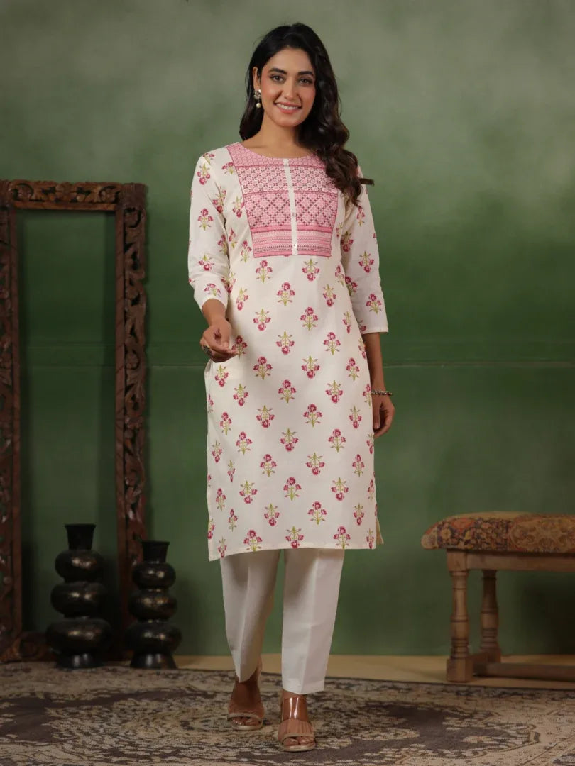 Span White Round Neck Casual Kurta