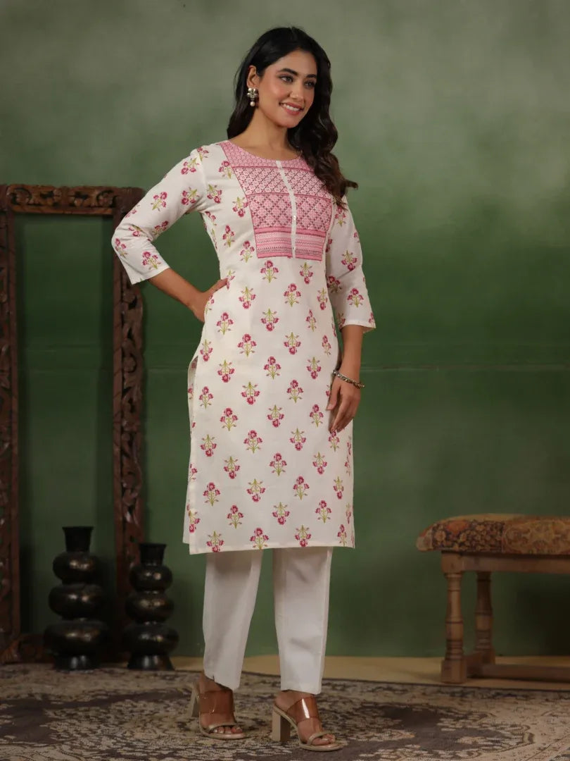 Span White Round Neck Casual Kurta
