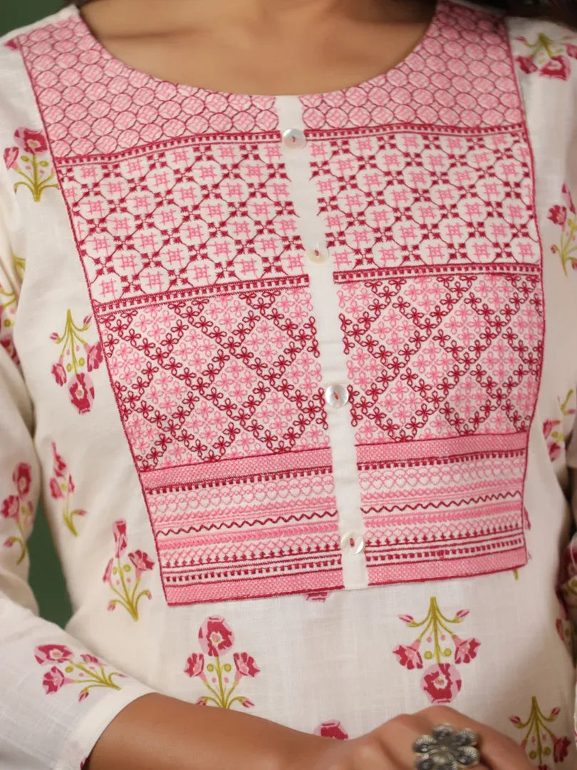 Span White Round Neck Casual Kurta