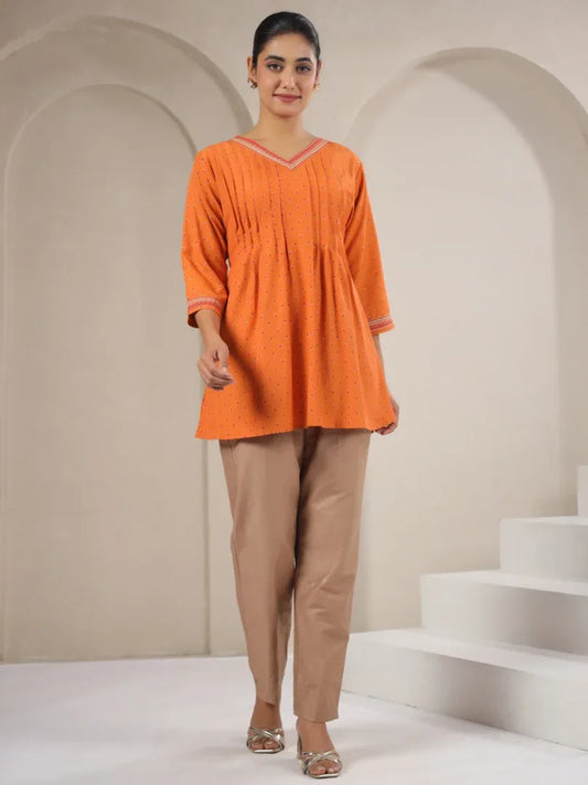 Span Orange V-Neck Rayon Short Kurta