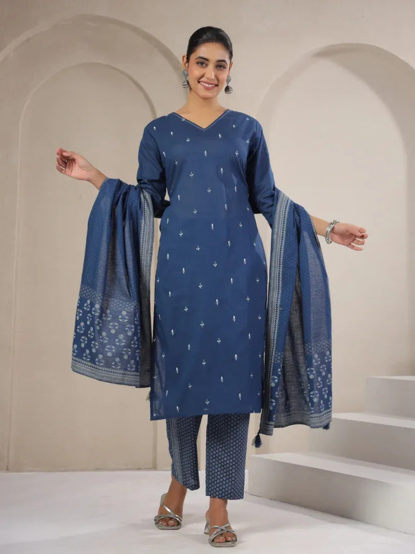 Span Blue V-Neck Cotton Co-Ord Set (Set of 2)