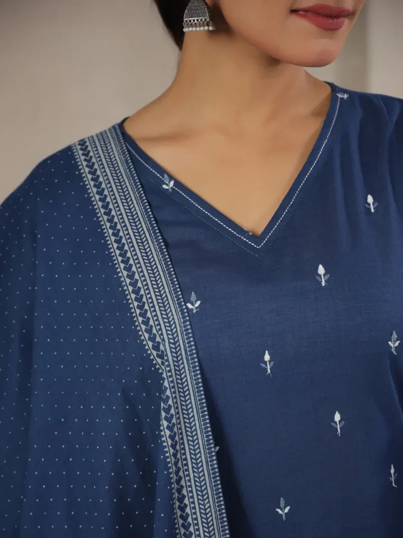 Span Blue V-Neck Cotton Co-Ord Set (Set of 2)